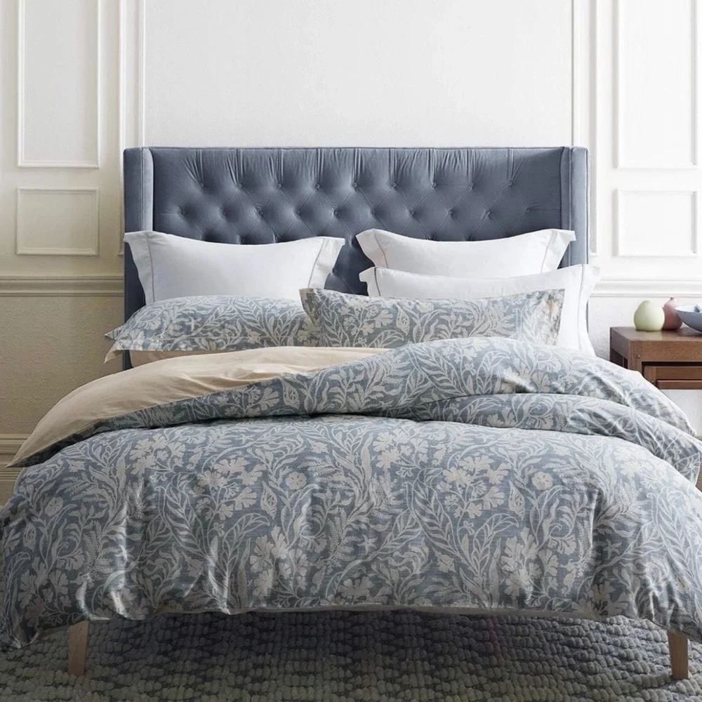 NEW West Elm Blue Cotton Floral Botanical Queen / King Bedding Duvet & Sham Set